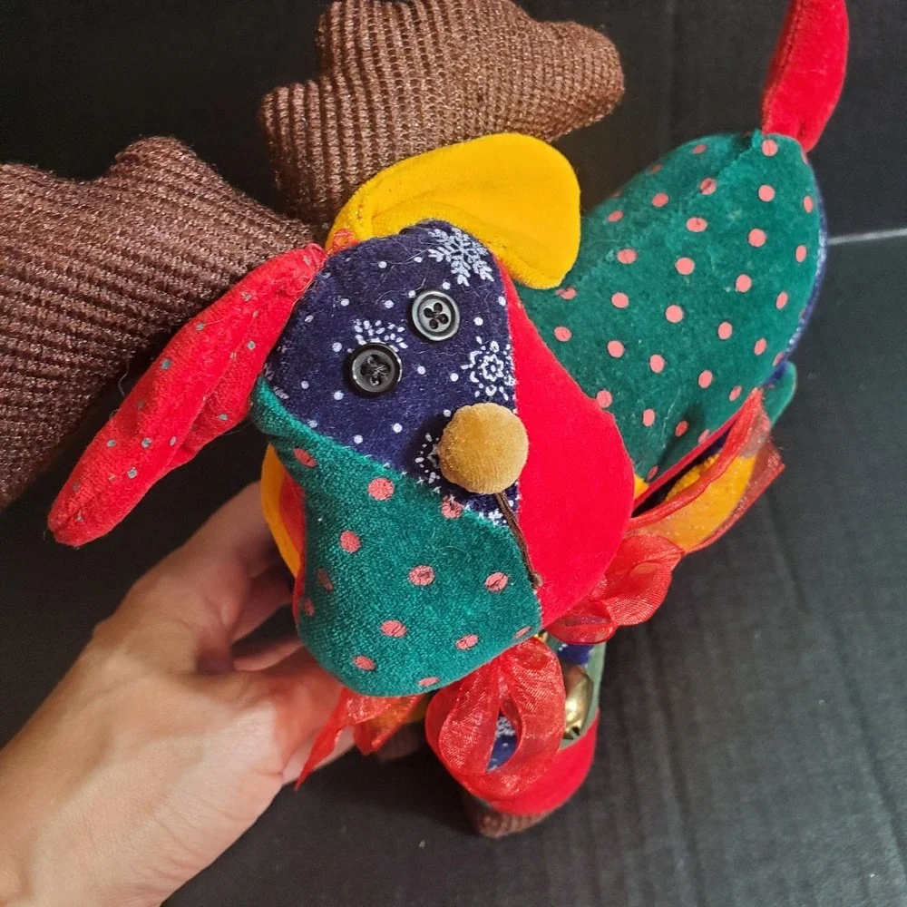 Sun Point Co Moose Plush‎ Whimsical Patchwork Reindeer Decorative Plush w/Bell
